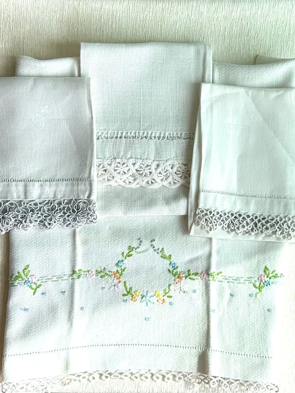 (4) ANTIQUE linen hand towels w/ handmade lace, embroidery, tatting gorgeous !!